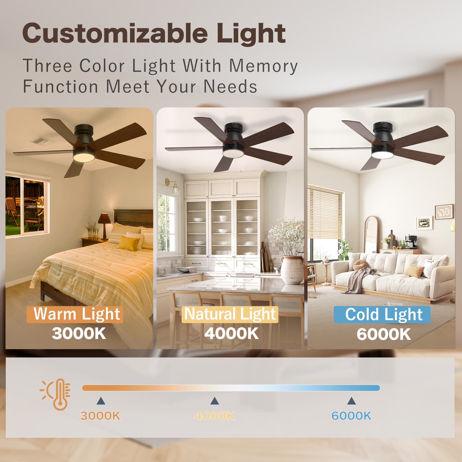 Hykoont 42’‘/48''52’‘ Dark Walnut Ceiling Fans with Lights Only Wind No Sound