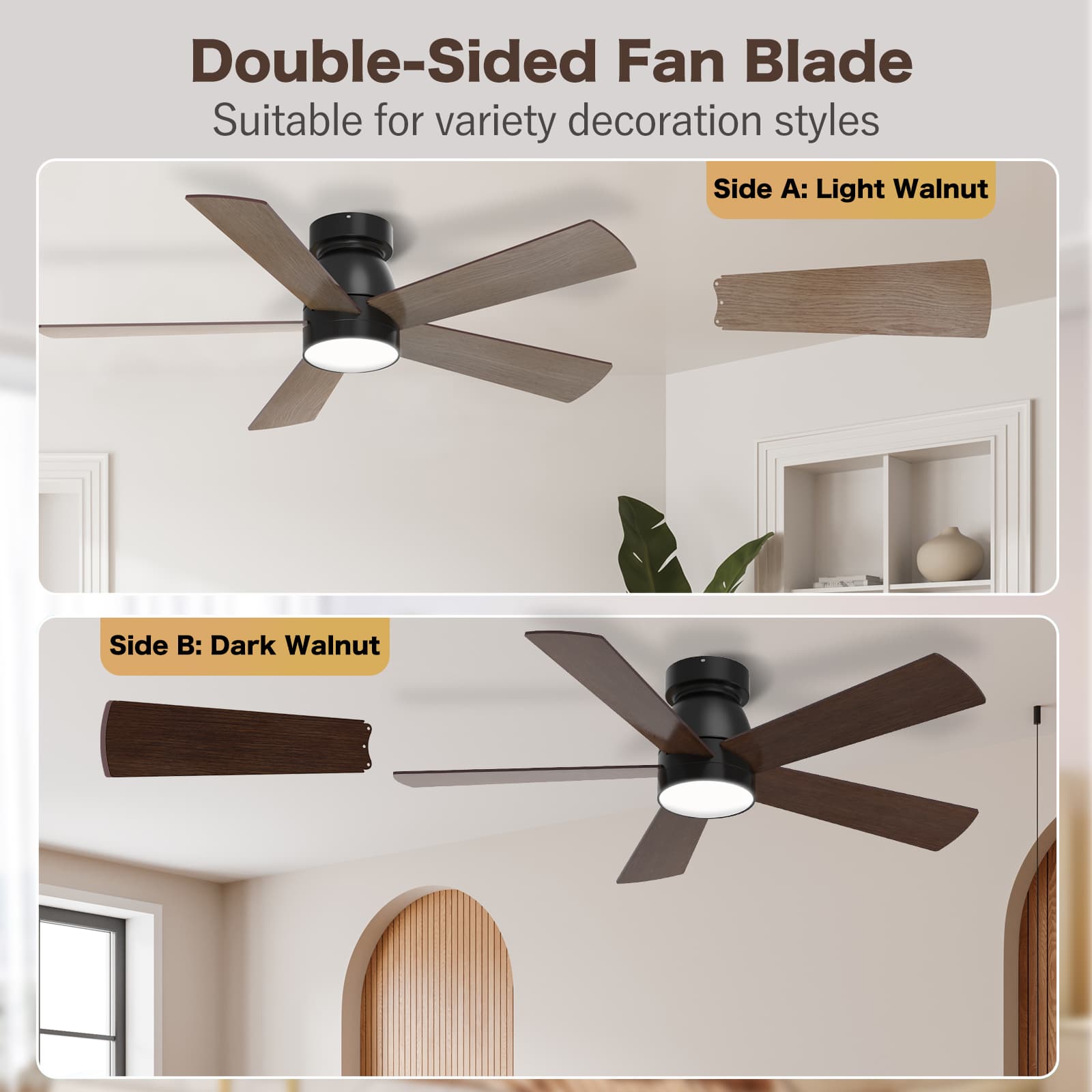 Hykoont 42’‘/48''52’‘ Dark Walnut Ceiling Fans with Lights Only Wind No Sound