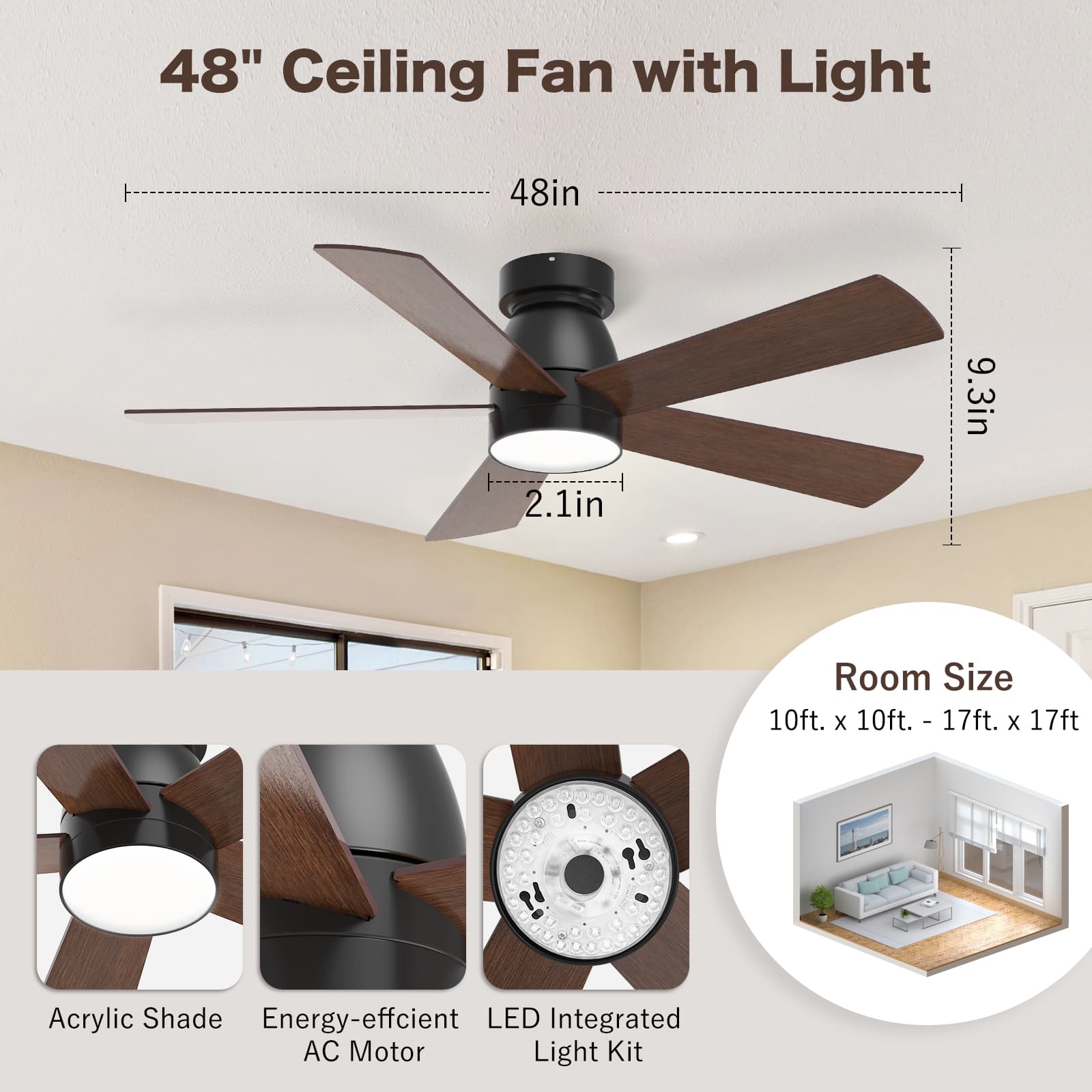 Hykoont 42’‘/48''52’‘ Dark Walnut Ceiling Fans with Lights Only Wind No Sound