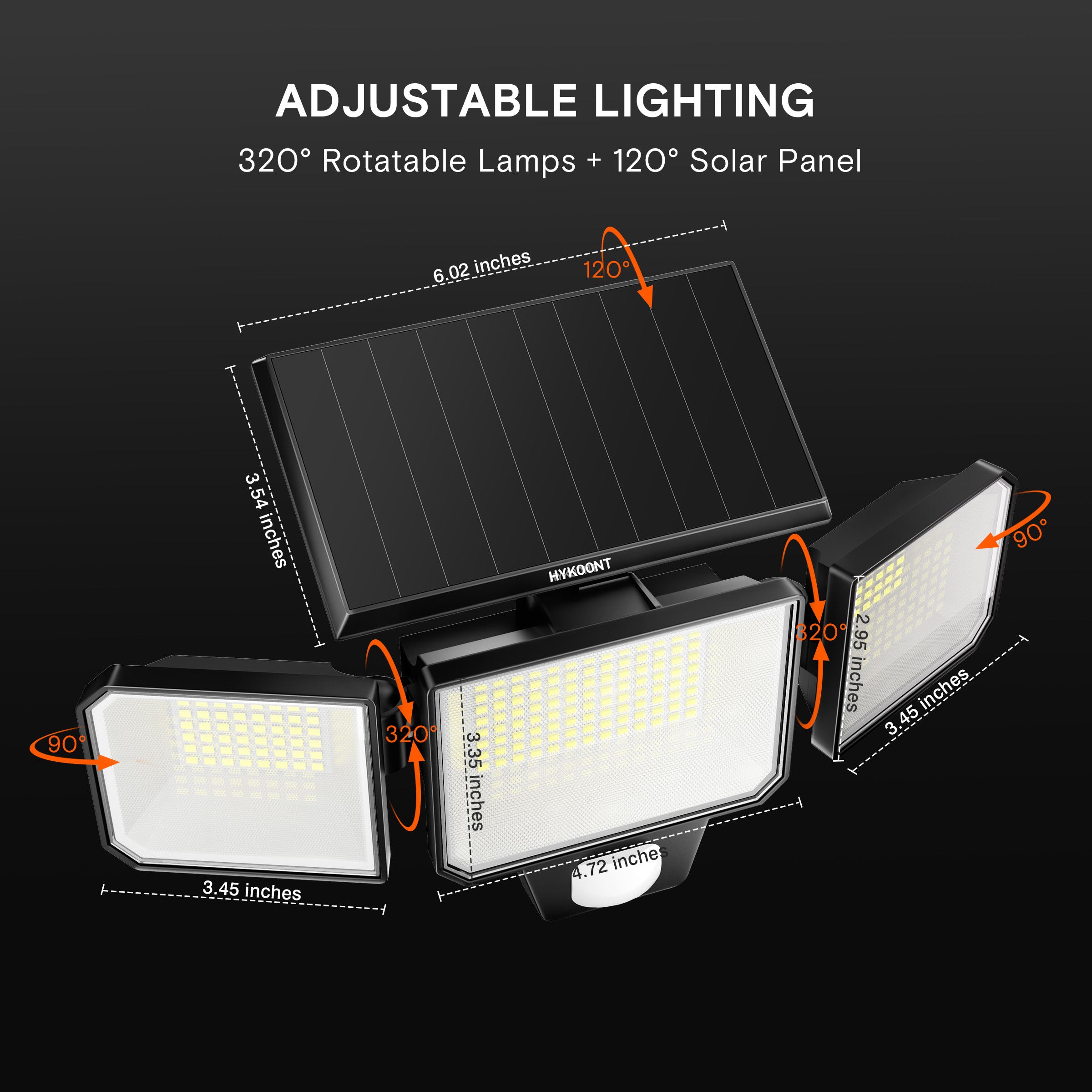 Hykoont AMS193 270° Wide Angle 3-Head 3000LM Solar Wall Light Outdoor with Replaceable Battery 3 Mode 2 Pack