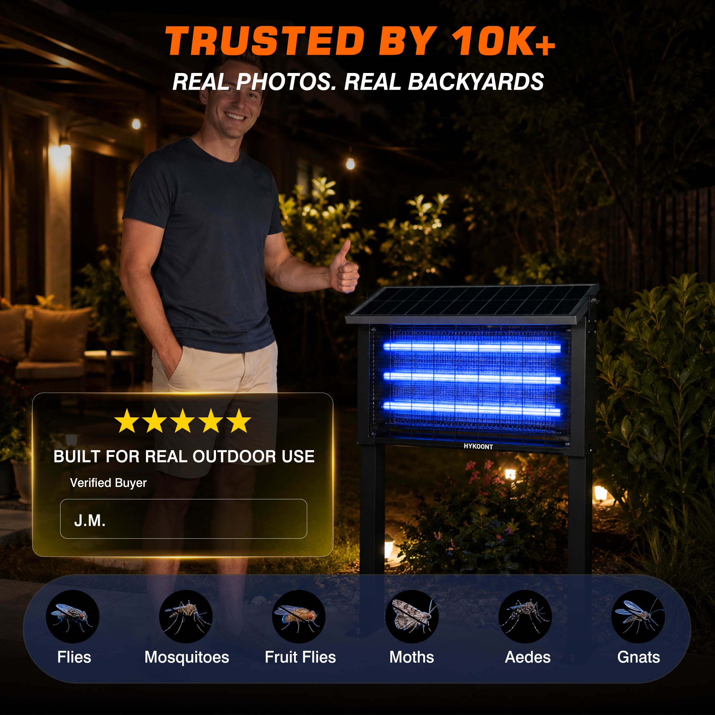 Hykoont 30W Solar LED Bug Zapper Light Pro Triple Tube Dusk-to-Dawn