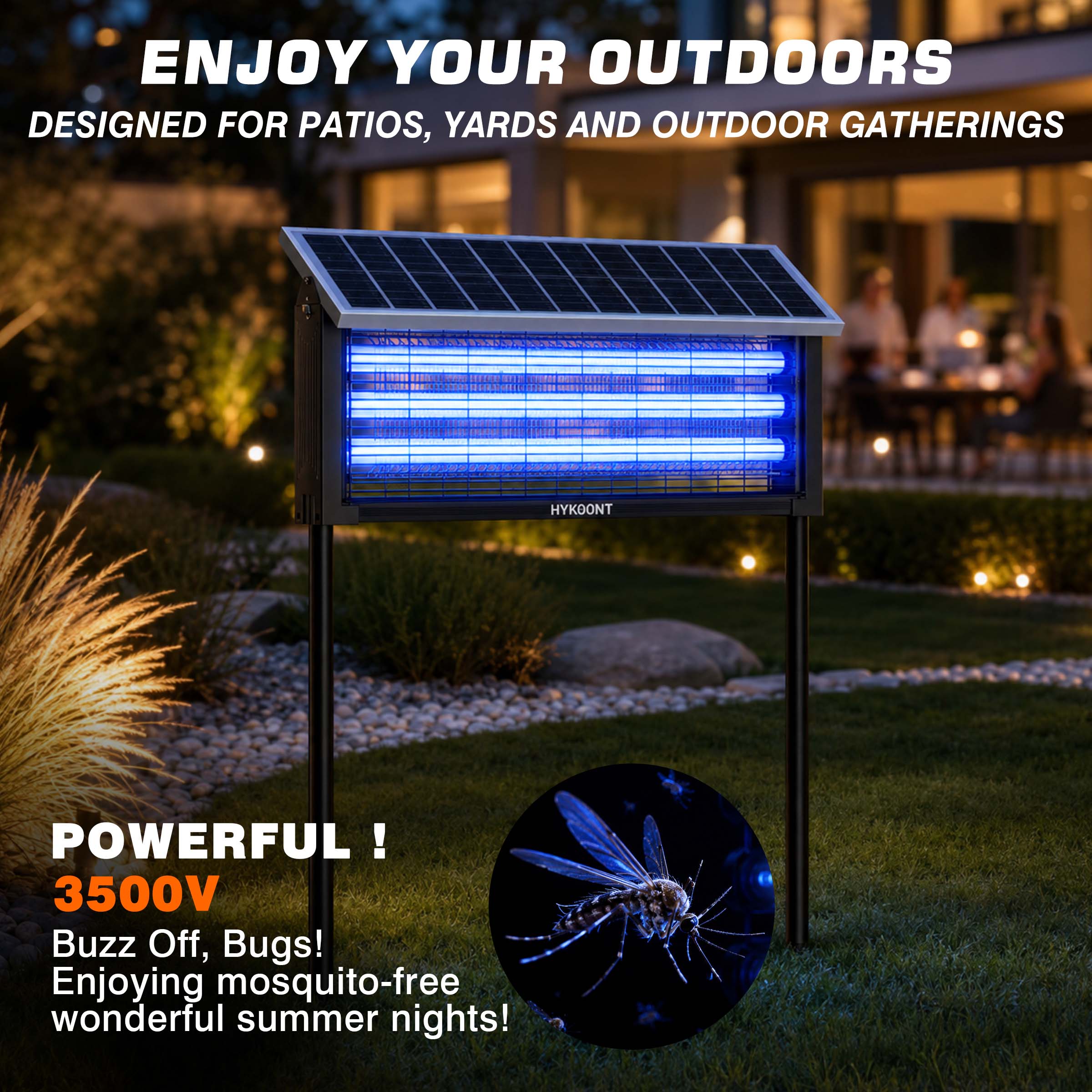 Hykoont 19W Solar LED Bug Zapper Light Standard with Triple UV Tubes Ground Stake & Hanging Design IPX4