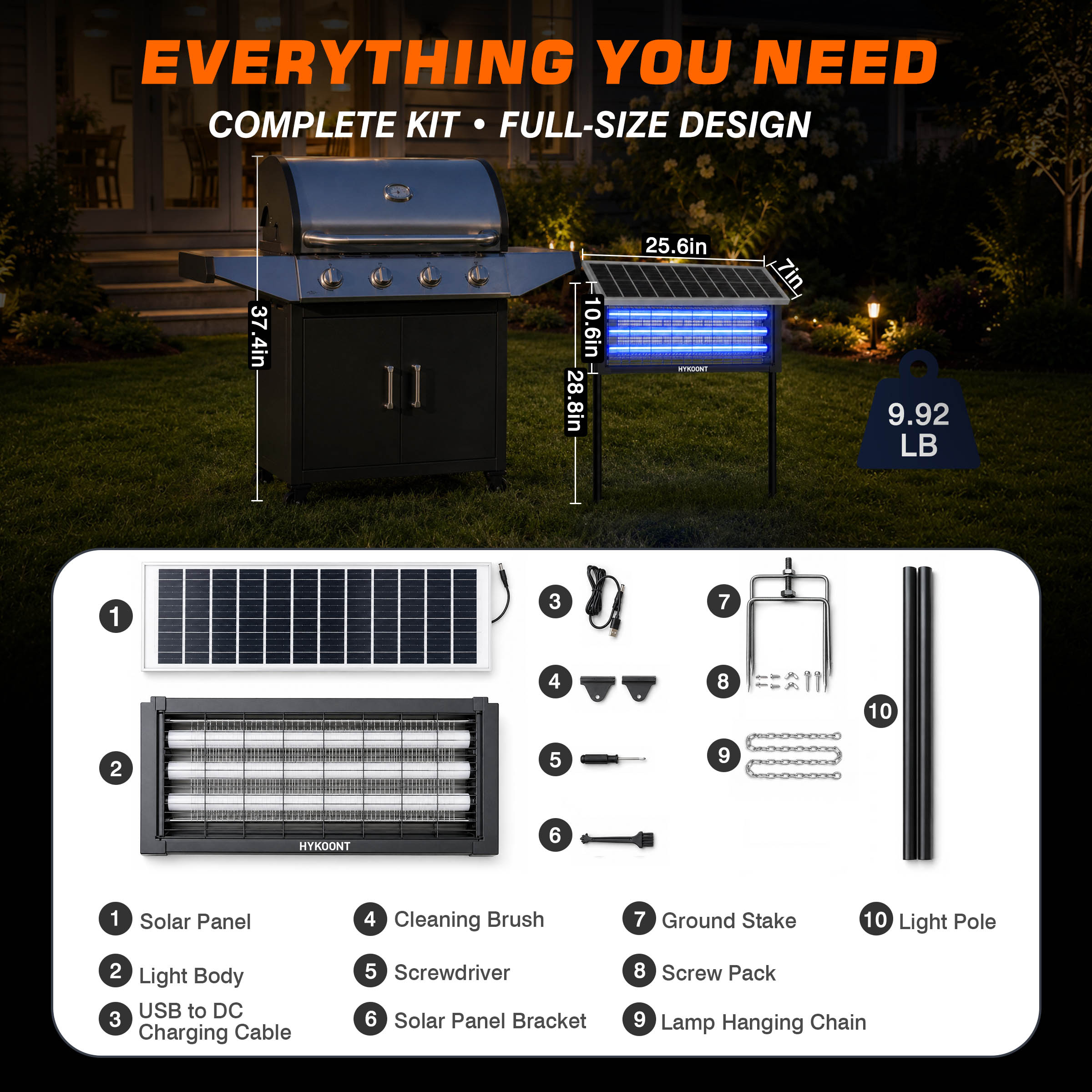 Hykoont 19W Solar LED Bug Zapper Light Standard with Triple UV Tubes Ground Stake & Hanging Design IPX4