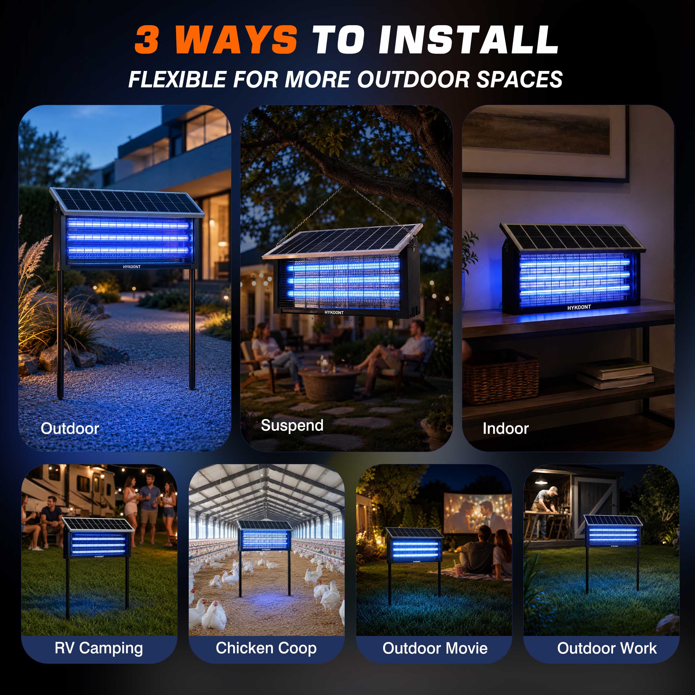 Hykoont 19W Solar LED Bug Zapper Light Standard with Triple UV Tubes Ground Stake & Hanging Design IPX4