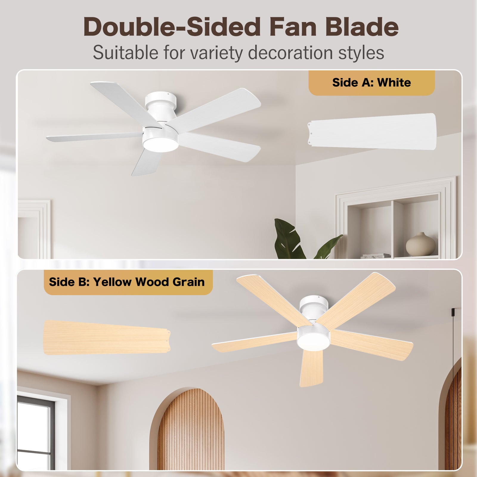 Hykoont White Modern Ceiling Fan Whisper-Quiet 6-Speed Reversible Motor