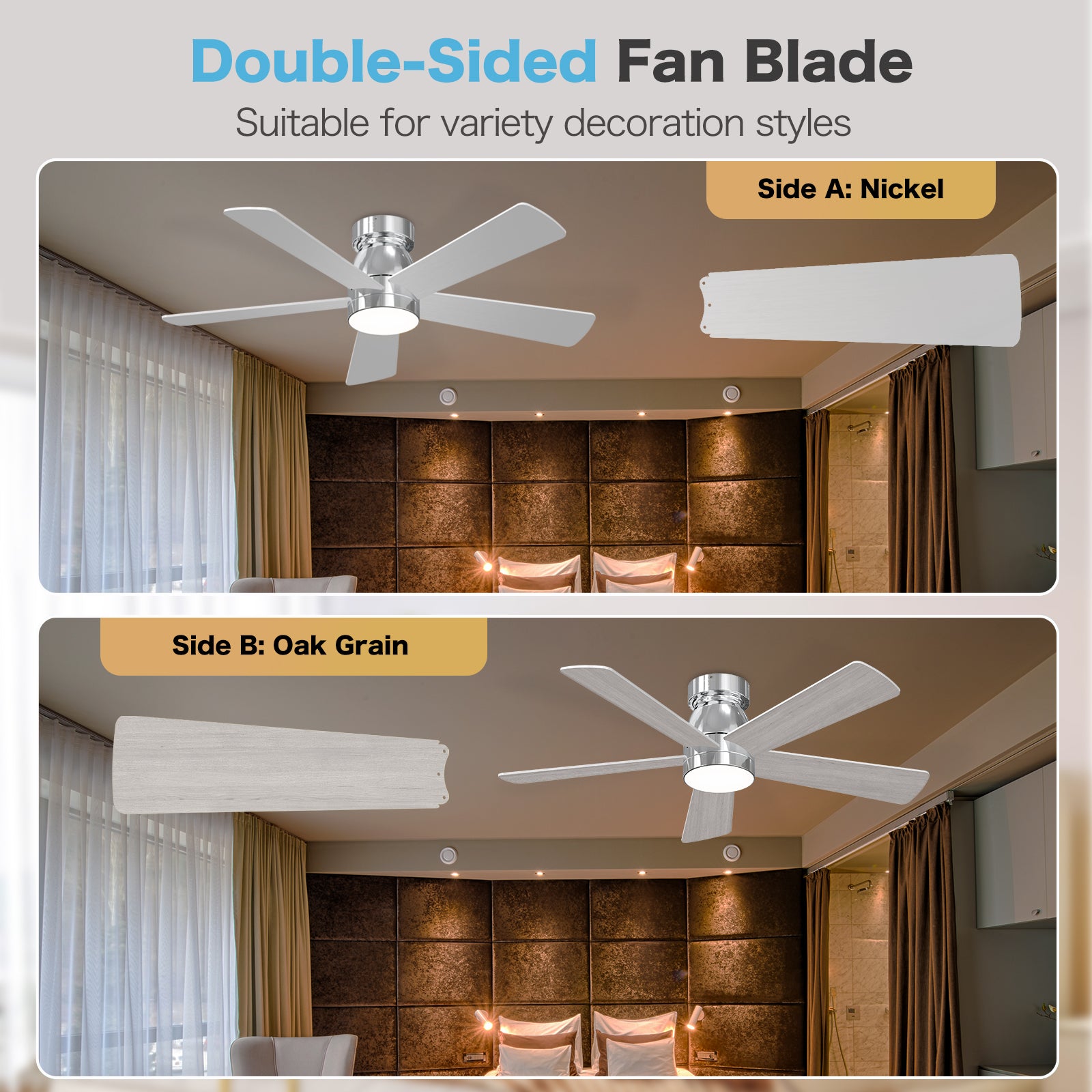 Hykoont Silver Ceiling Fan with LED Light Wireless Control and Customizable Light