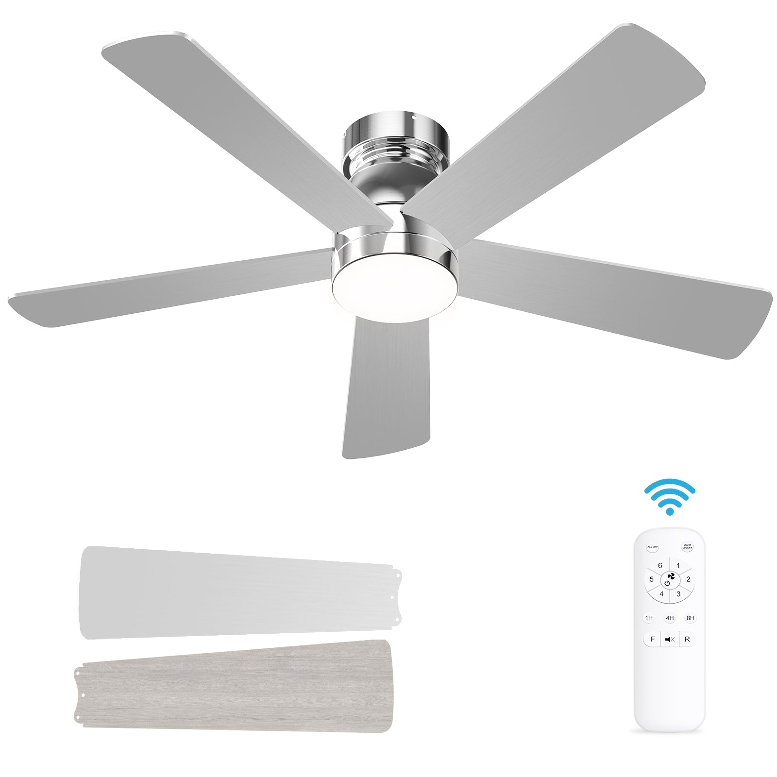 Hykoont Silver Ceiling Fan with LED Light Wireless Control and Customizable Light