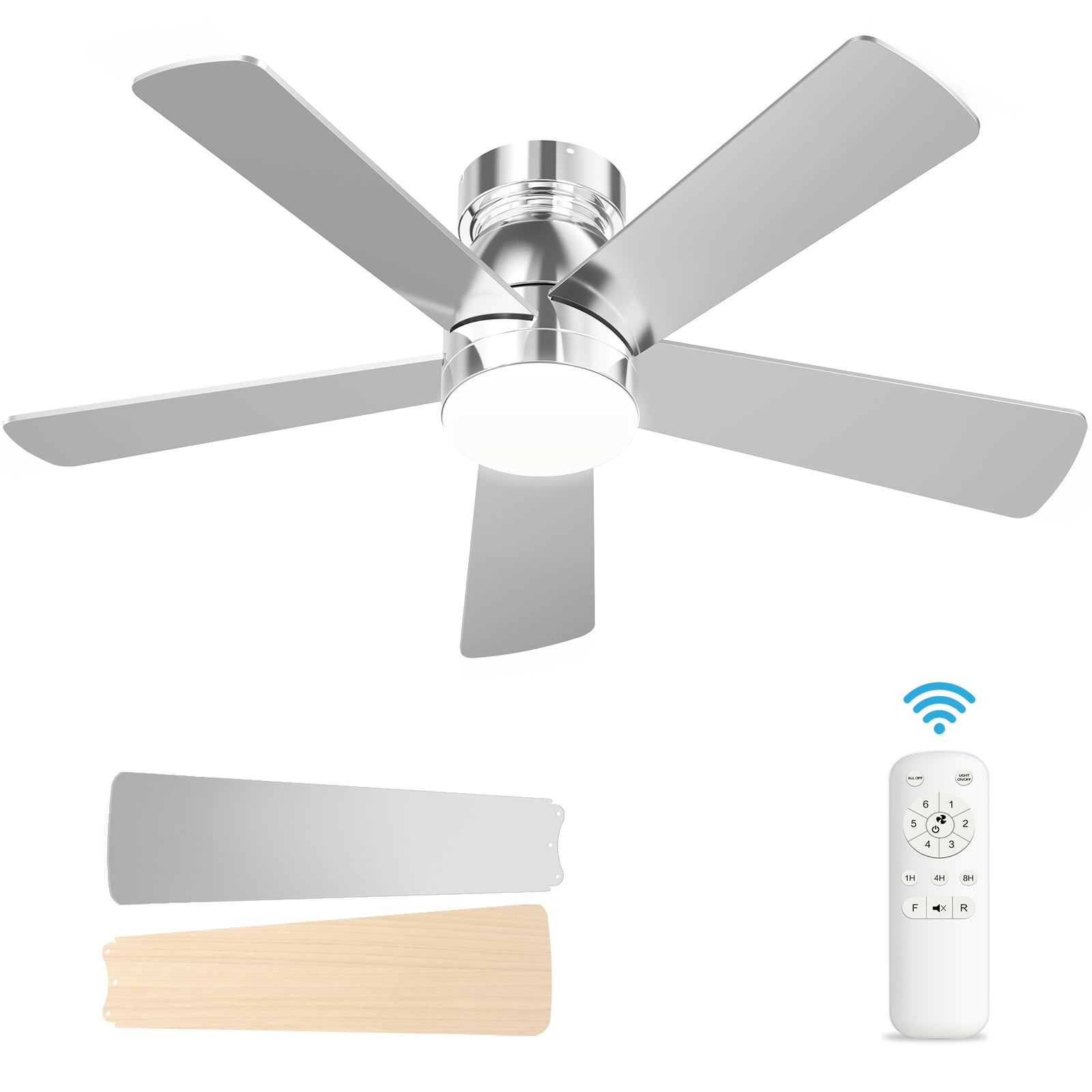 Hykoont Silver Ceiling Fan with LED Light Wireless Control and Customizable Light