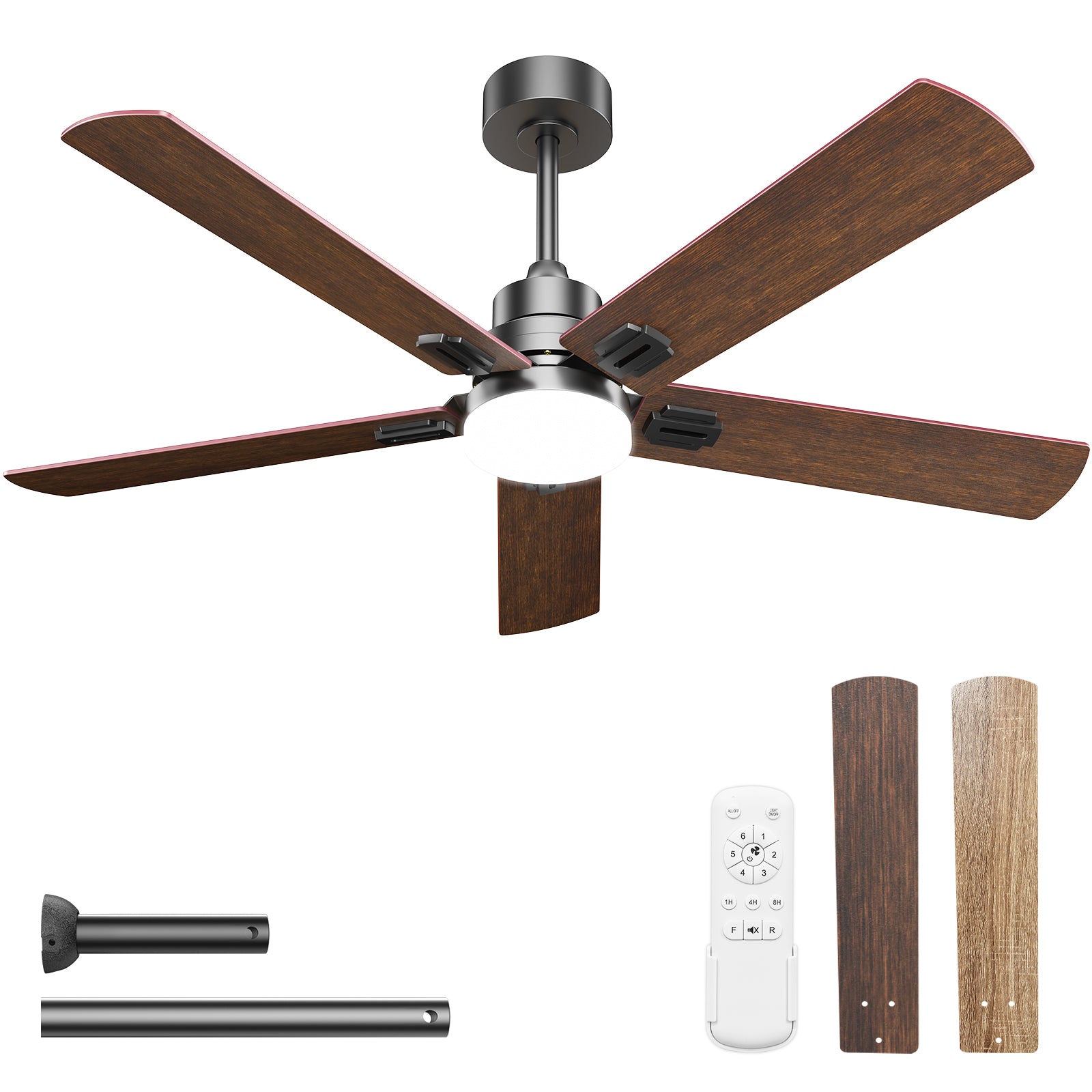 Hykoont 48'' Black Walnut Ceiling Fan with Light–Five-Blade Design