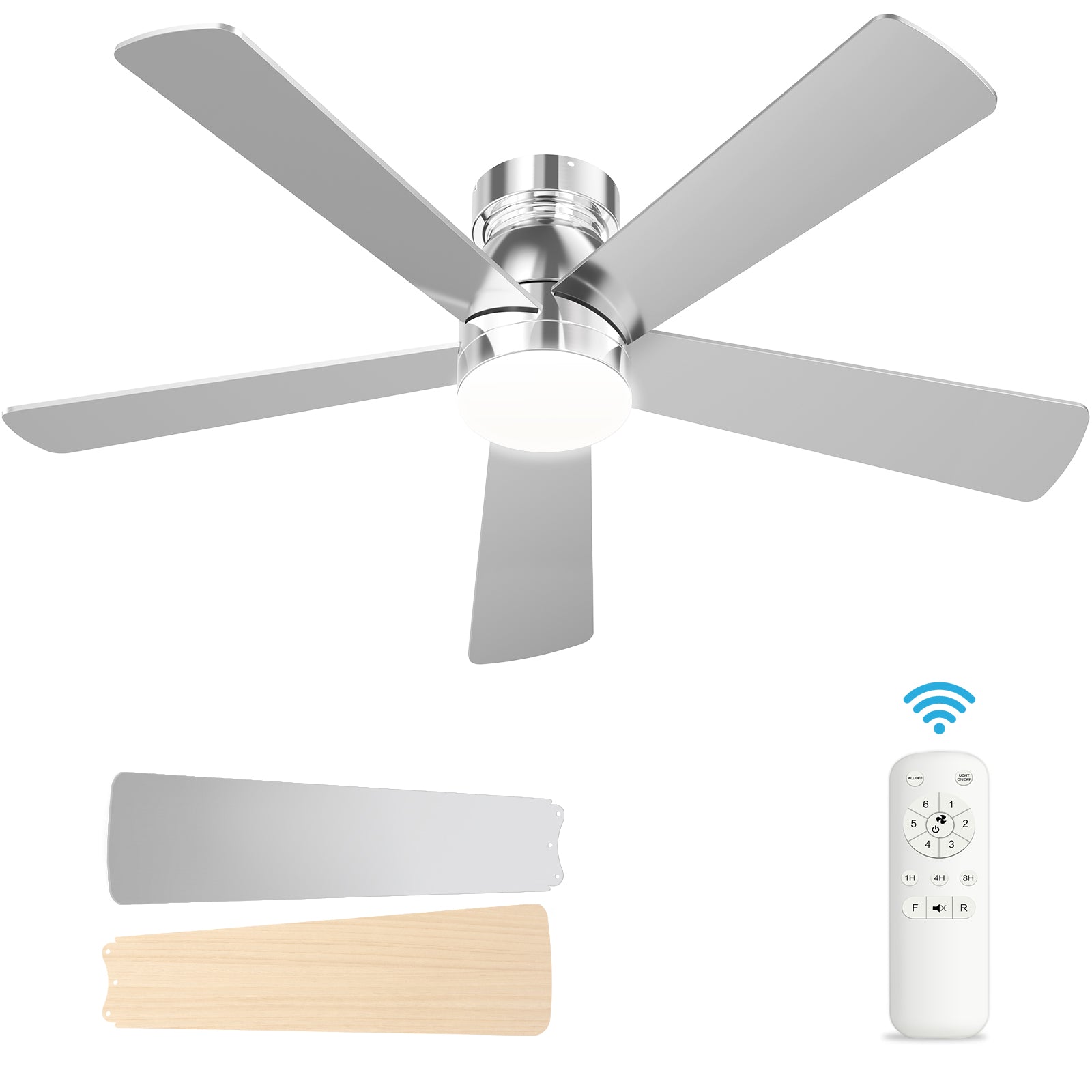 Hykoont Silver Ceiling Fan with LED Light Wireless Control and Customizable Light