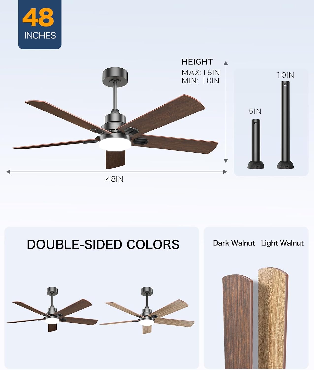 Hykoont 48''/ 60''/72''Black Walnut Ceiling Fan with Light, 3 CCT, Remote Control