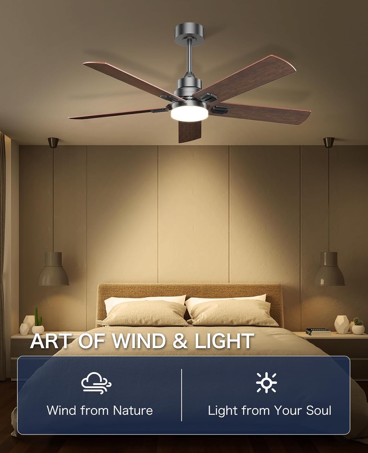 Hykoont 48''/ 60''/72''Black Walnut Ceiling Fan with Light, 3 CCT, Remote Control