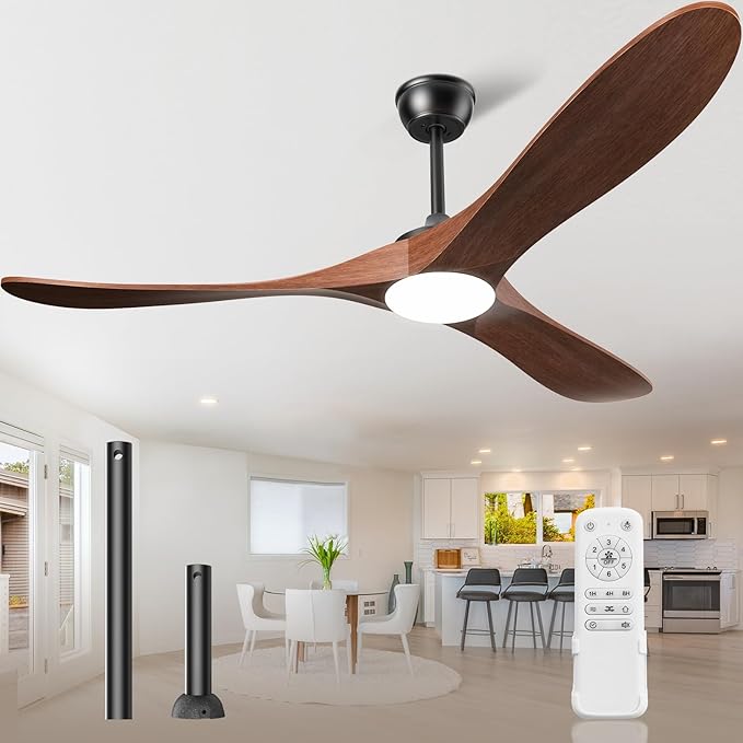 Hykoont Ceiling Fan with Light | Solid Wood Blades, Downrod Design, 6 Speeds 52''60''72''