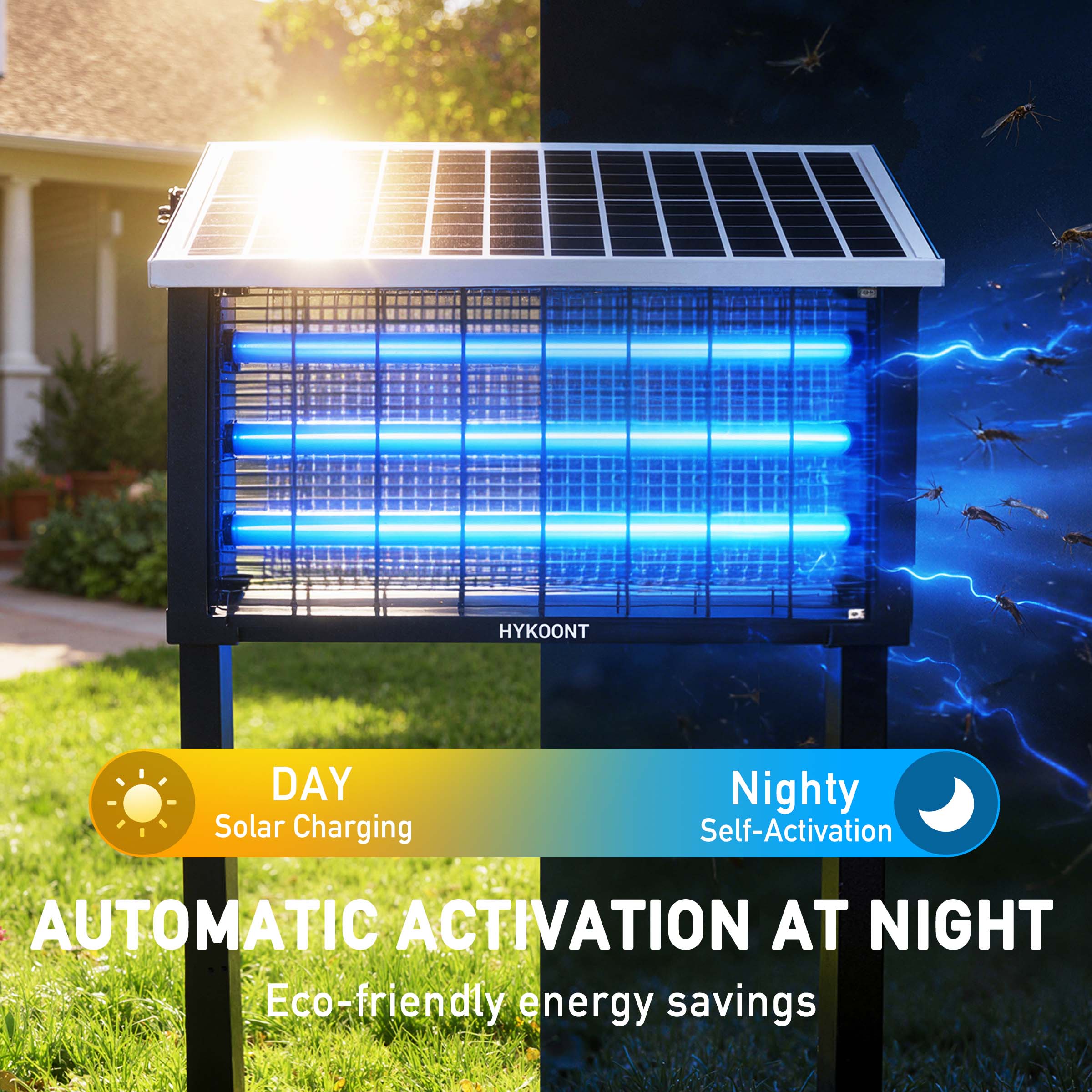 Hykoont 30W Solar LED Bug Zapper Light Pro Triple Tube Dusk-to-Dawn