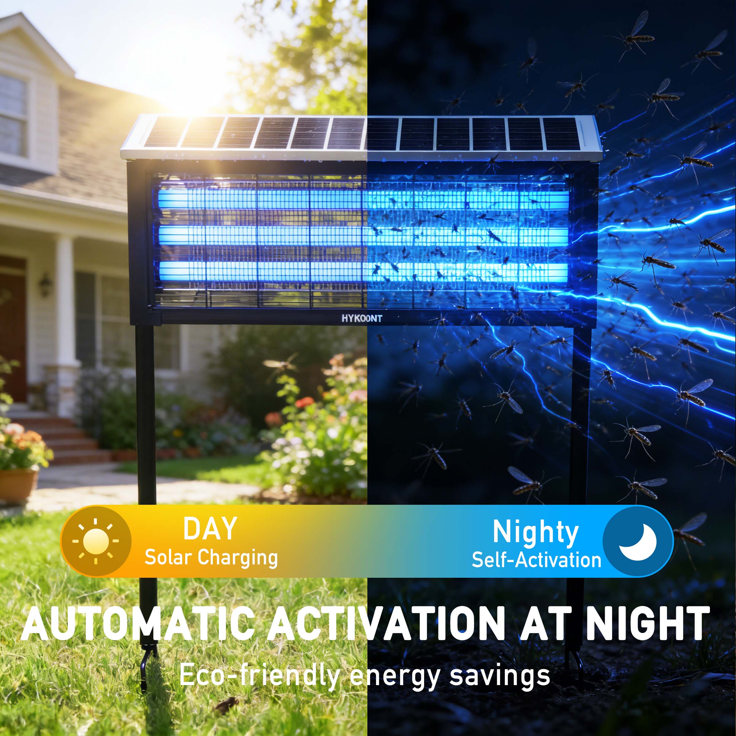 Hykoont 19W Solar LED Bug Zapper Light Standard with Triple UV Tubes Ground Stake & Hanging Design IPX4