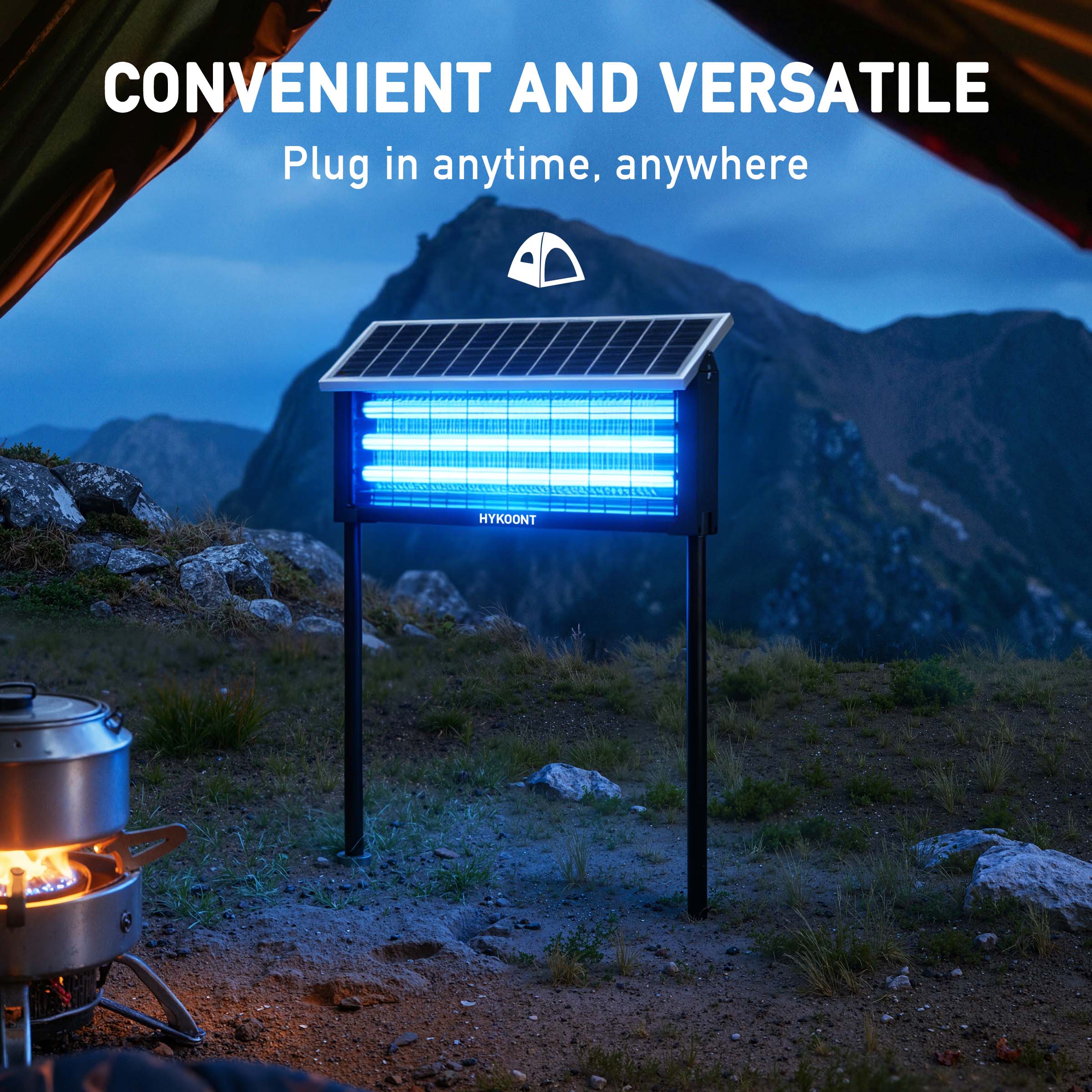 Hykoont 19W Solar LED Bug Zapper Light Standard with Triple UV Tubes Ground Stake & Hanging Design IPX4