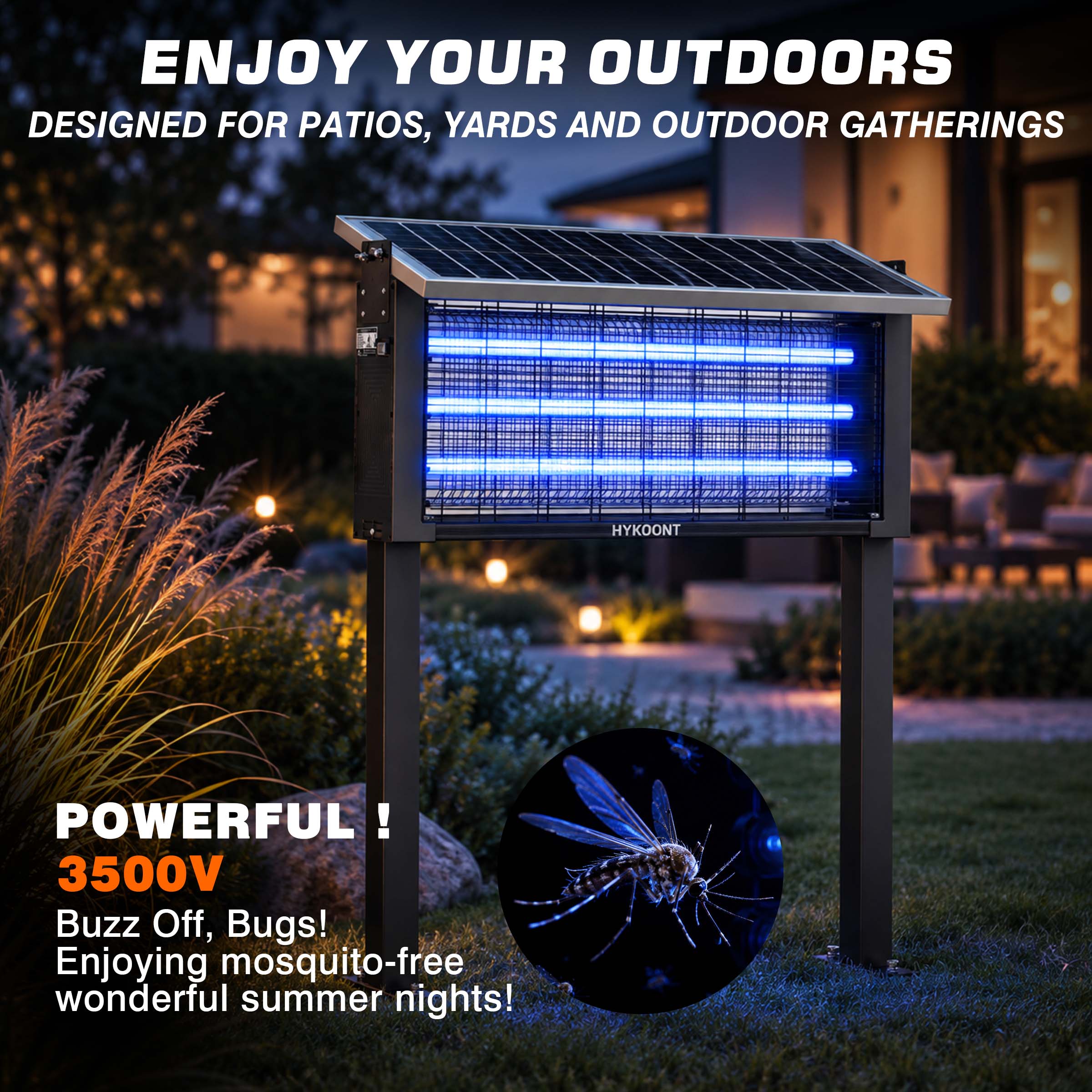 Hykoont 30W Solar LED Bug Zapper Light Pro Triple Tube Dusk-to-Dawn
