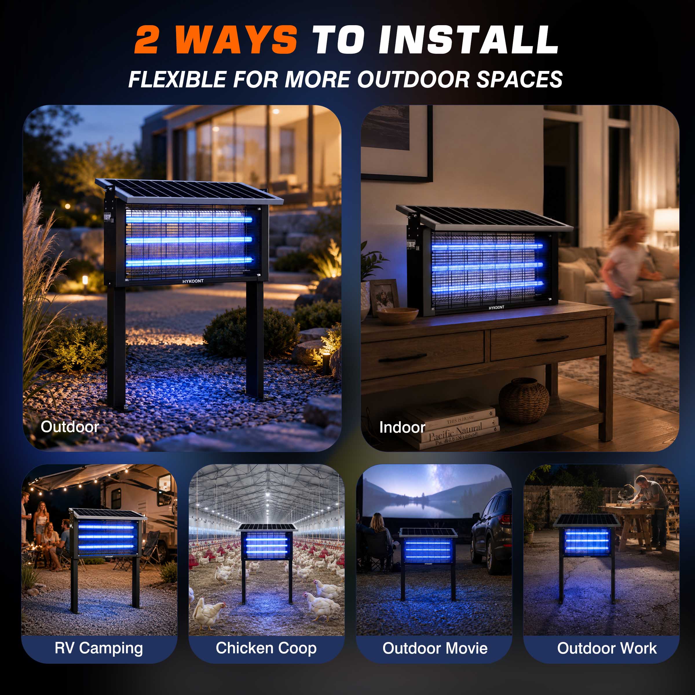 Hykoont 30W Solar LED Bug Zapper Light Pro Triple Tube Dusk-to-Dawn