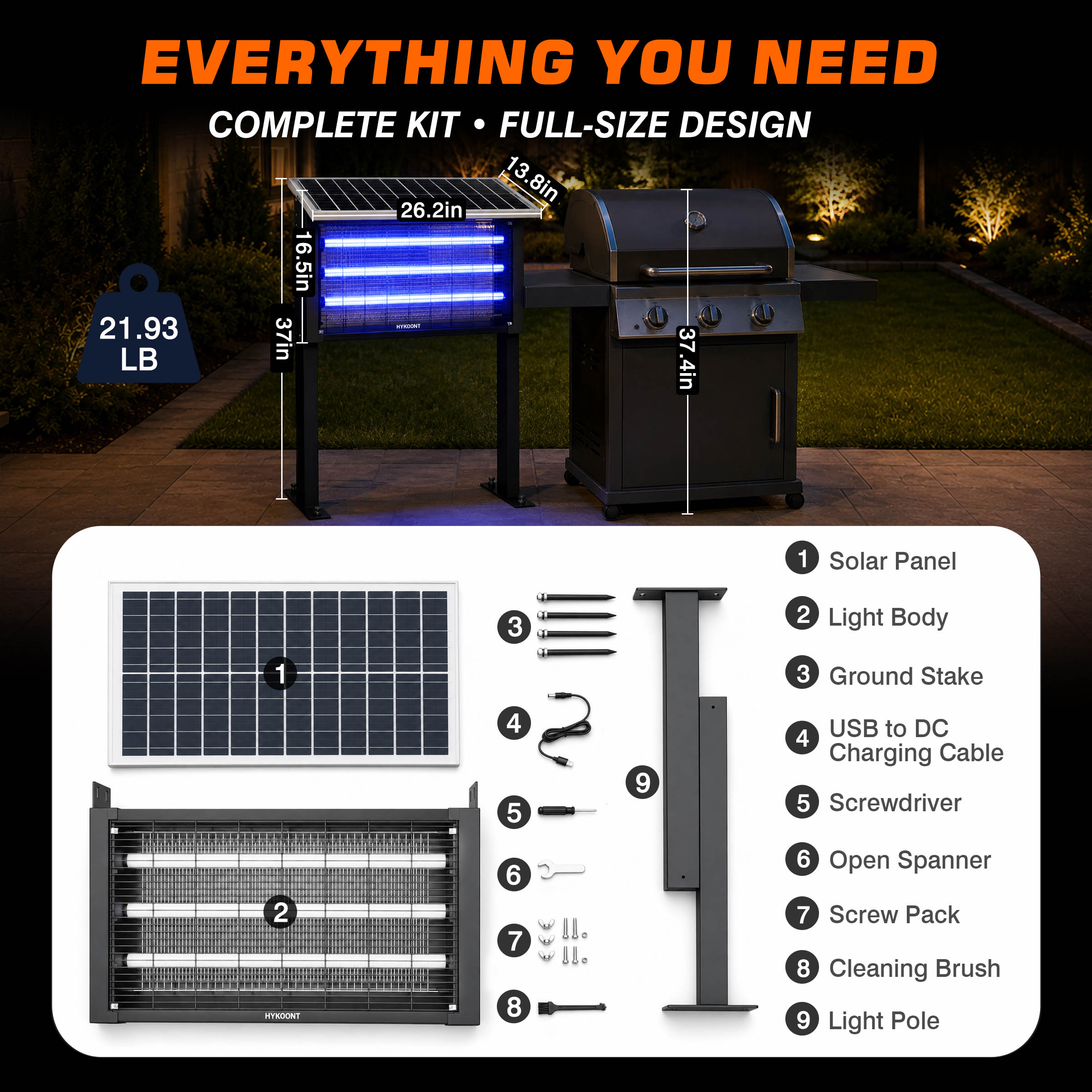 Hykoont 30W Solar LED Bug Zapper Light Pro Triple Tube Dusk-to-Dawn