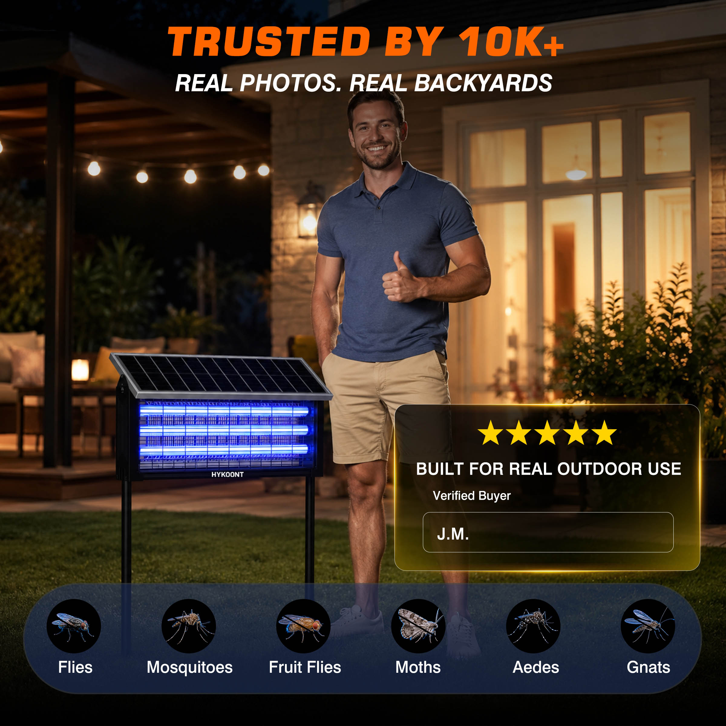 Hykoont 19W Solar LED Bug Zapper Light Standard with Triple UV Tubes Ground Stake & Hanging Design IPX4