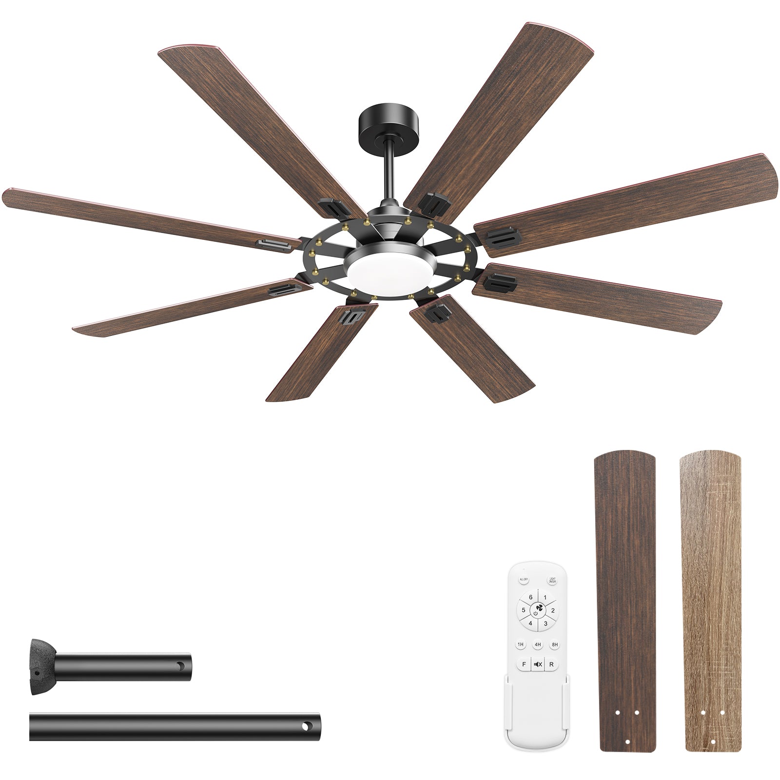 Hykoont 48''/ 60''/72''Black Walnut Ceiling Fan with Light, 3 CCT, Remote Control