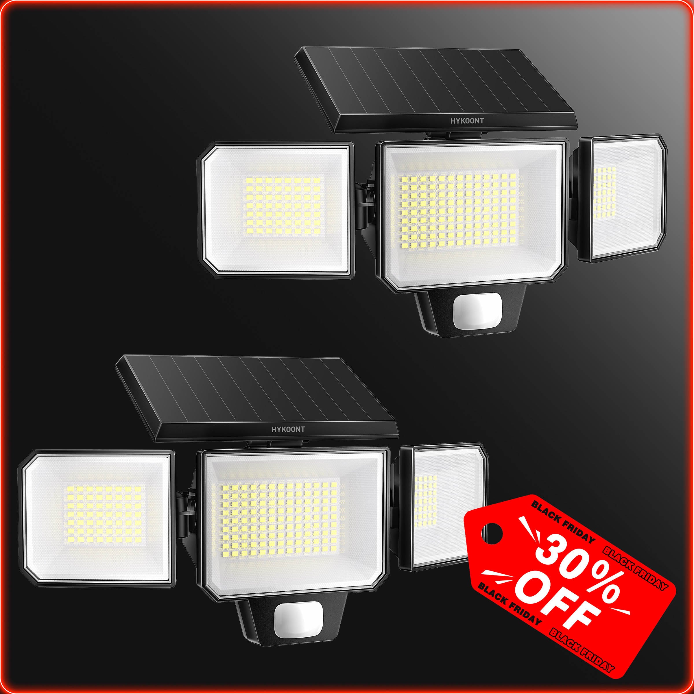 Hykoont AMS193 270° Wide Angle 3-Head 3000LM Solar Wall Light Outdoor with Replaceable Battery 3 Mode 2 Pack